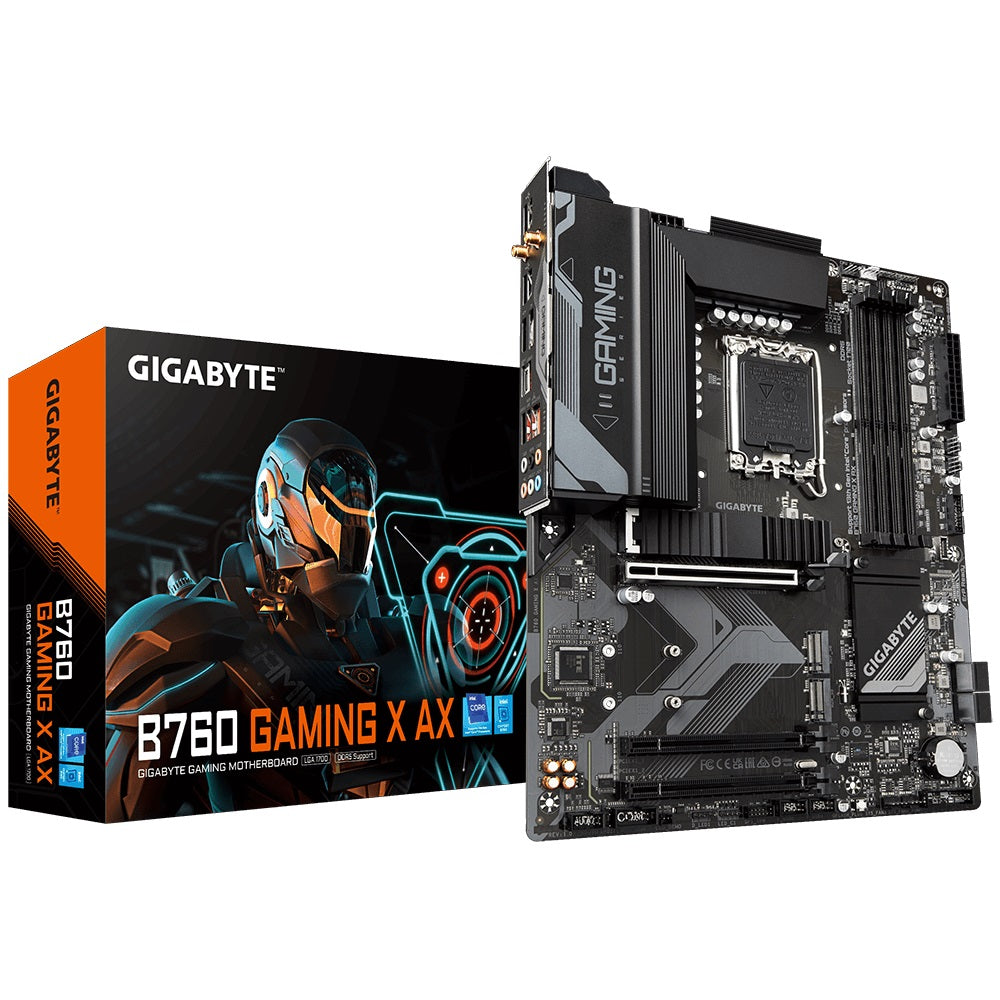 Gigabyte B760 Gaming X AX Intel LGA 1700 ATX Motherboard, 4x DDR5 ~128GB, 3x PCI-E x16, 3x M.2, 4x SATA,  2x USB 3.2, 1x USB-C, 5x USB 2.0 Gigabyte B760 Gaming X AX Intel LGA 1700 ATX Motherboard, 4x DDR5 ~128GB, 3x PCI-E x16, 3x M.2, 4x SATA,  2x USB 3.2, 1x USB-C, 5x USB 2.0